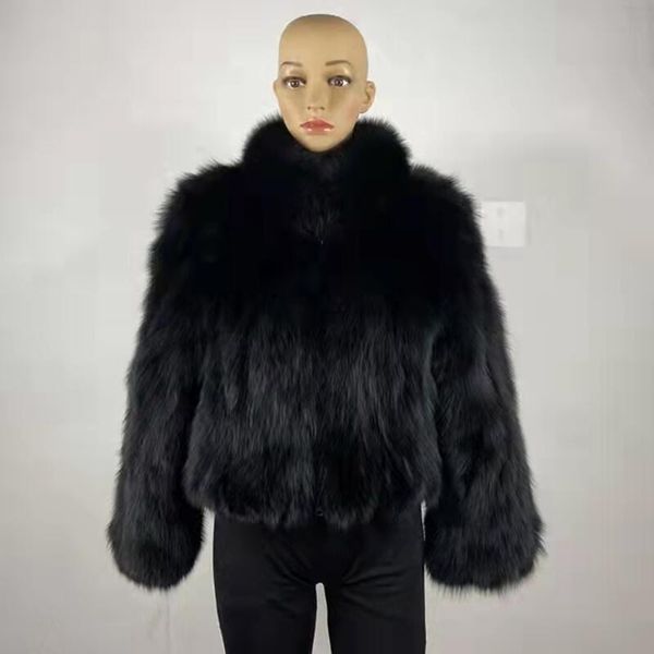 

fur women winter real fox fur coat collar hooded zipper black new thick warm022