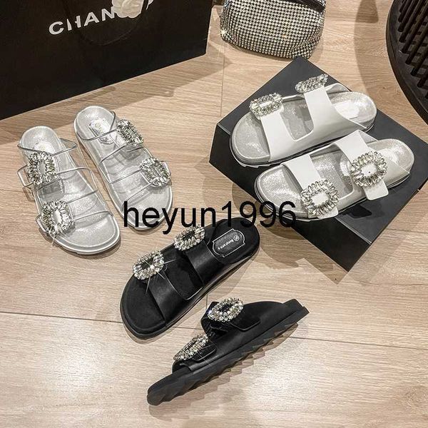 

women's outwear sandals 2023 summer new casual rhinestone square buckle fashion thick sole anti slip slippers, Black
