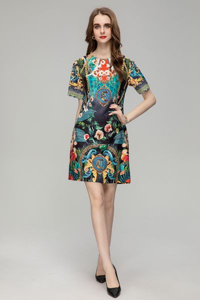 

short sleeved round neck dress 2023 spring/summer fashion chain flower print handmade beaded dress, Black