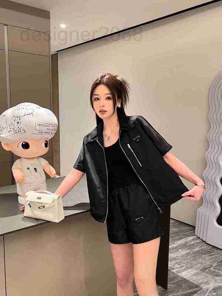 

women's two piece pants designer 23 summer new polo neck short sleeve zipper versatile elastic waist shorts triangle label casual fashi, White