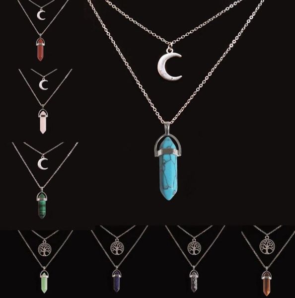 

designer jewelry necklaces double chain moon tree pendant healing natural stone turquoise rose quartz pendants silver gold plated 5459483