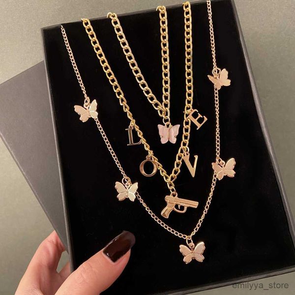 

pendant necklaces fashion multilayer butterfly love choker necklace female geometric thick chain butterfly metal pendant necklace jewelry gi, Silver