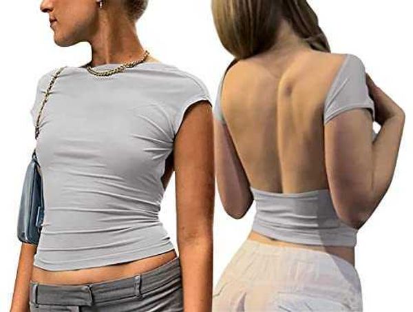 

backless women short sleeve slim fit crewneck tshirts yk crop solid casual vintage summer autumn fashion ydzv, White