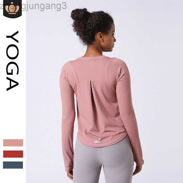 

designer t shirt alo women's sports long sleeve running fitness training yoga loose running fitness t-shirt cover up, White