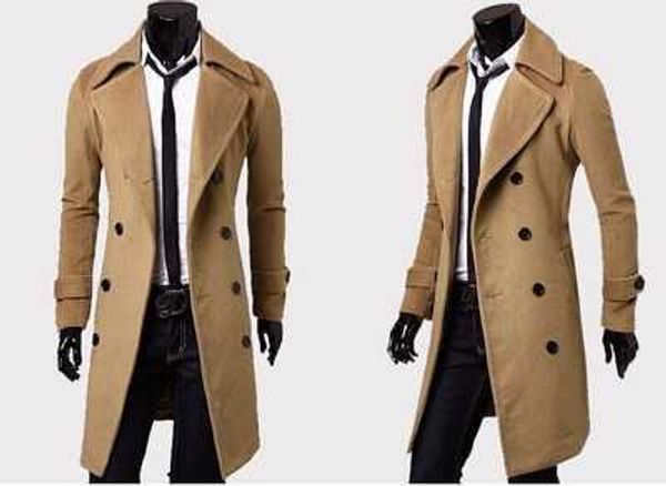 

winter solid color double breasted jacket woolen long trench mens coats cgo, Black