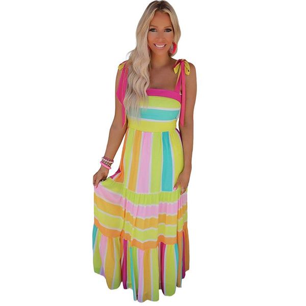 

wholesale bohemian color block striped bow knot straps maxi dress, Red