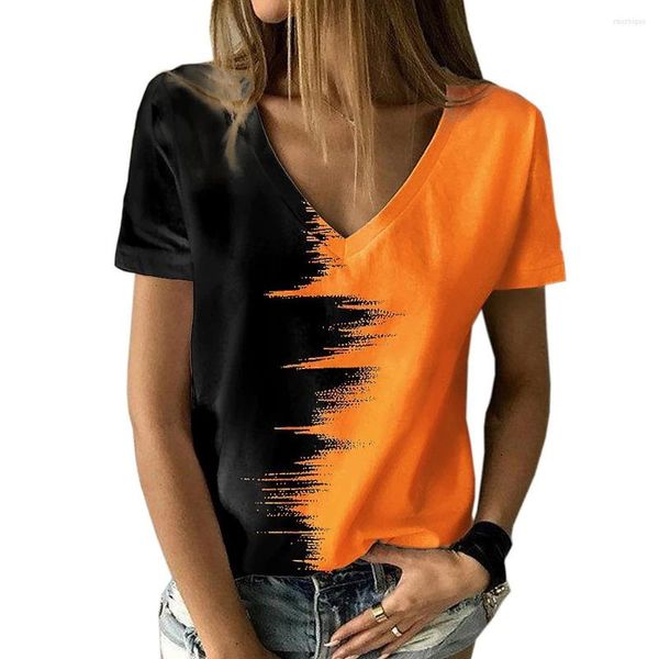 

women's t shirts 2023 summer european and american large color contrast v-neck short sleeve printed t-shirt, White