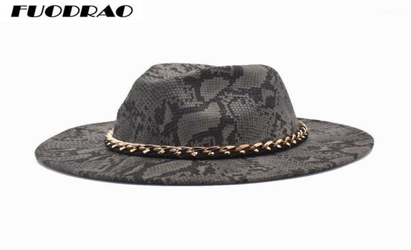

wide brim hats fuodrao wool fedoras women autumn winter snake print chain panama jazz caps vintage cowboy hat men f11313696907, Blue;gray