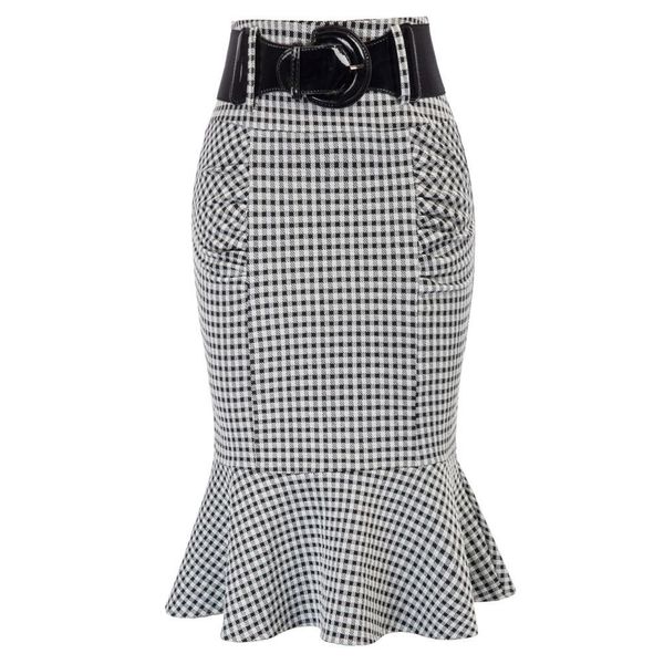 

dresses belle poque women vintage mermaid hem bodycon skirt with belt shirred detail pencil skirt plaid high waist office lady workwear, White;black