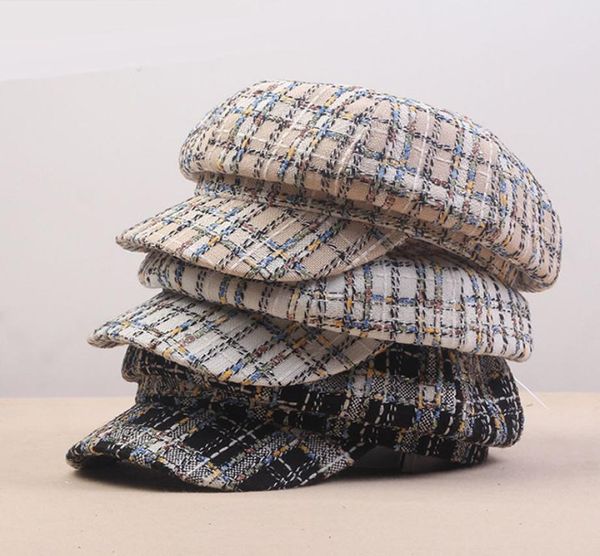 

women vintage tweed plaid beret hat fashion elegant ladies girls autumn winter cotton octagonal hat sunscreen painter hat3996422, Blue;gray