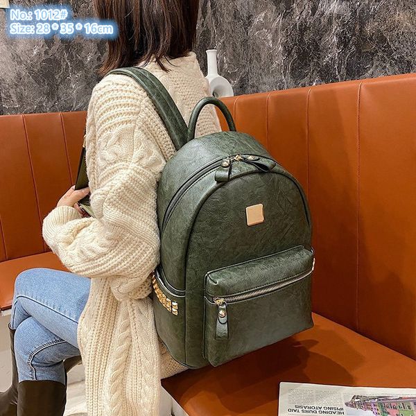 

sales ladies shoulder bags 5 colors solid color leather retro handbag outdoor leisure travel backpack street rivet backpack trend large capacity messenger bag, Black