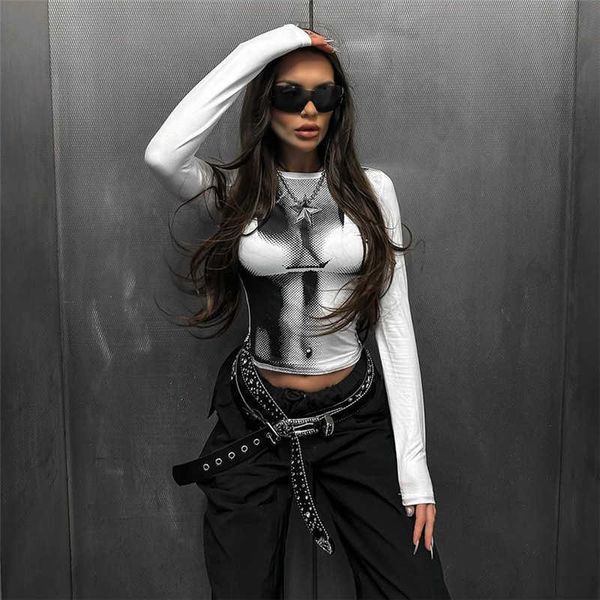 

d fashion yk body printed long sleeve women crop t shirthk, White