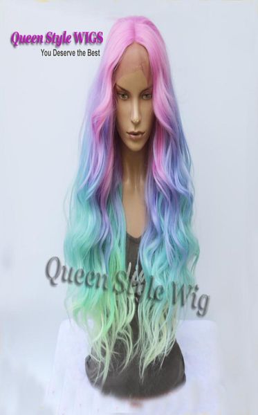 

mermaid pastel rainbow hair wig synthetic rainbow color pink purple blue fluorescent green ombre hair lace front wig mermaid cos8136382, Black