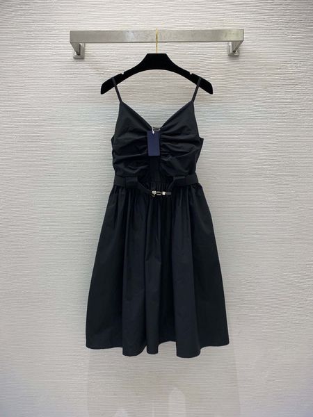 

women's designer featuring summer celebrity style chest pleated design with triangle label cotton waist shrinking slim strap dress+belt, Black;gray