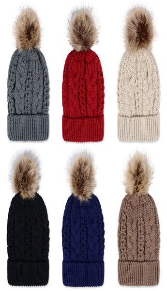 

winter thick double layer colorful snow caps wool knitted beanie hat with artificial raccoon fur pom poms for women men hip hop ca9004675, Blue;gray