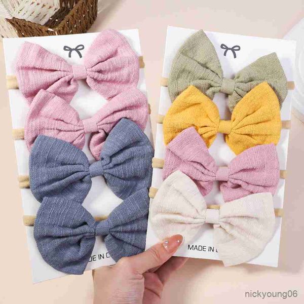 

hair accessories 4pcs/set solid color cotton baby bows headband for kids girls elastic headwear handmade newborn, Slivery;white