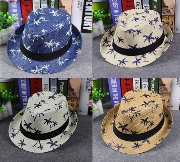 

men women children stingy brim hats summer straw fedora hat maple leaf printing boys girls kids sun hat jazz cap gh608765311, Blue;gray