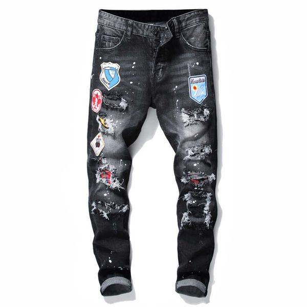 

men badge rips stretch black jeans men's fashion slim fit washed motocycle denim pants panelled hip hop trousers 10200, Blue