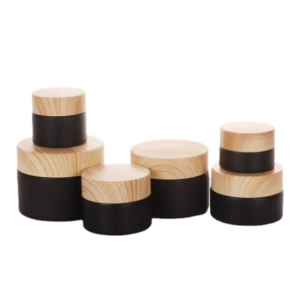 

frosted black glass refillable cosmetic jars empty cream lip balm storage container pot with wood grain lids