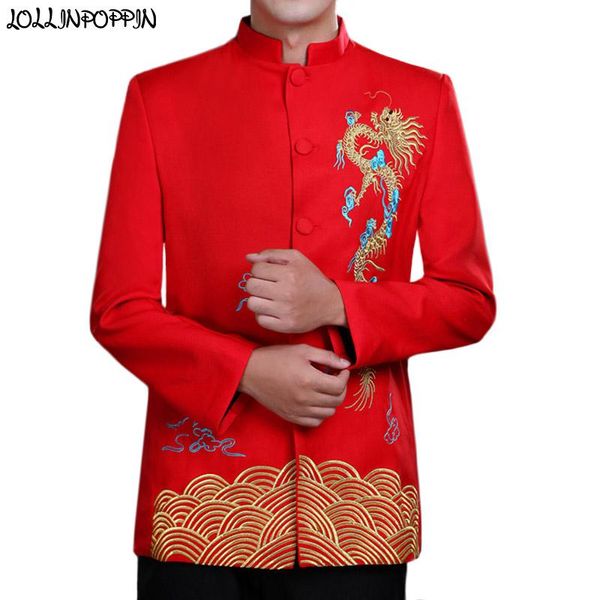 

blazers chinese traditional style men dragon embroidery suit jacket mandarin stand collar mens wedding jacket tunic jackets, White;black