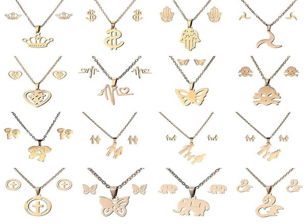 

16 styles 316l stainless steel jewelry sets crown skull butterfly elephant heart pendant necklace earring set for women fashion je2977559, Silver
