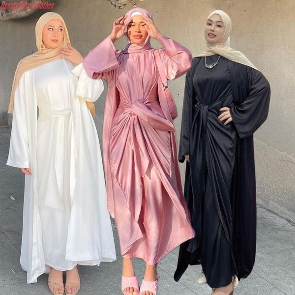 

dress two piece abaya set muslim islamic women kimono cardigan dress dubai party gown turkey kaftan loose robe ramadan outfits, White