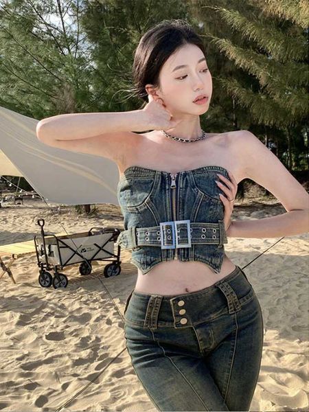 

camis s-4xl spicy girl denim bra women's american vintage outwears 2023 new summer sweet and spicy strap tank l230522, White