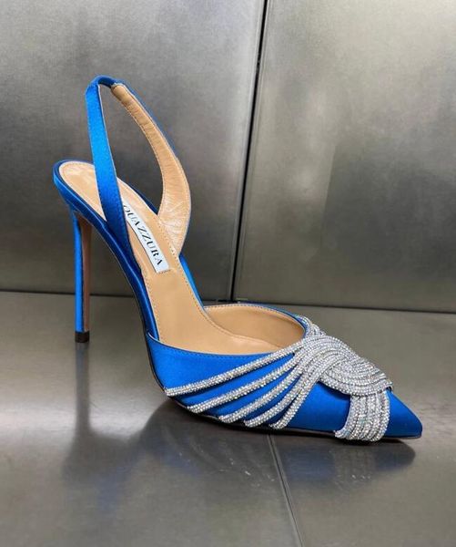 

luxury aquazzura gatsby sandals shoes women slingback crystal swirls pvc toecaps pumps pointed toe lady party wedding high heels eu35-43, Black