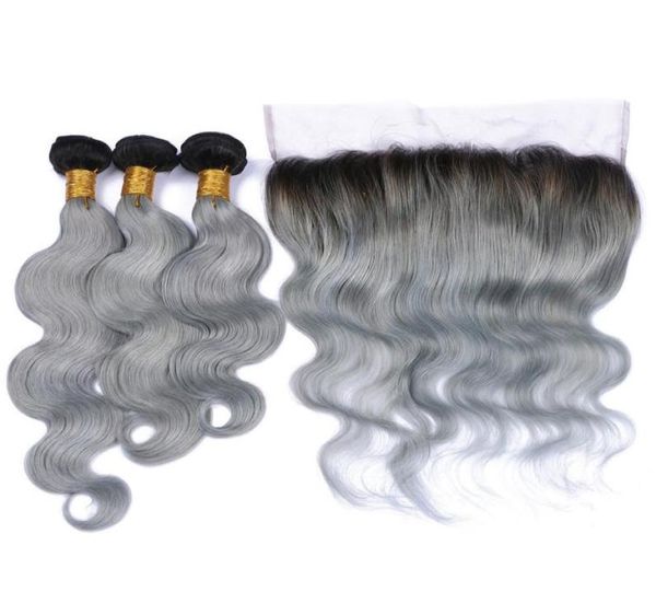 

virgin peruvian 1b grey two tone body wave human hair weaves with 134 full lace frontal closure silver gray 1b ombre hair bundles8225305, Black;brown