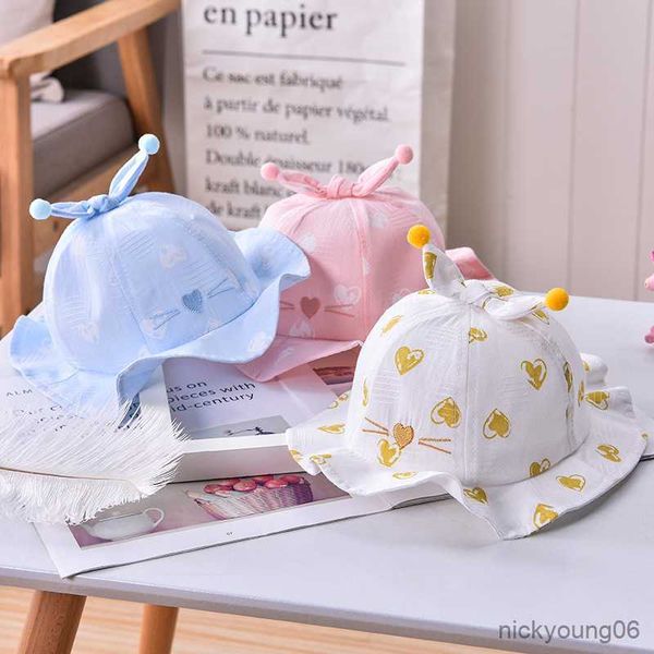 

hair accessories cute heart print baby bucket hat small ball ears newborn infant fisherman cap kids summer outdoor sun, Slivery;white