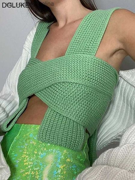 

camis green bandage knit women summer sleeveless off shoulder knitted crop black white tank streetwear vest l230522