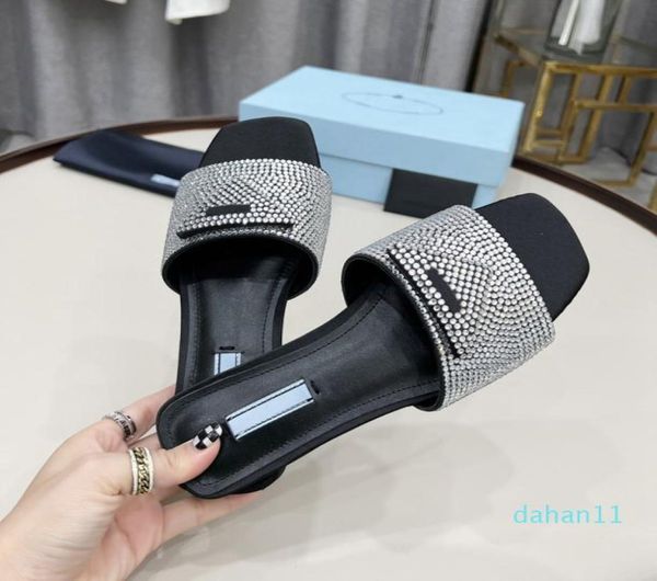 

black crystal satin slides with crystals woman mules slippers 6cm heeled crystals sandals flat rubber sole slide casual fashion pa7967151