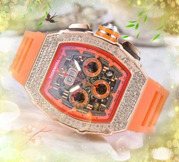 

six stiches diamonds ring mens watches three eyes full functional clock wristwatches rubber strap quartz waterproof calendar business casual, Slivery;brown
