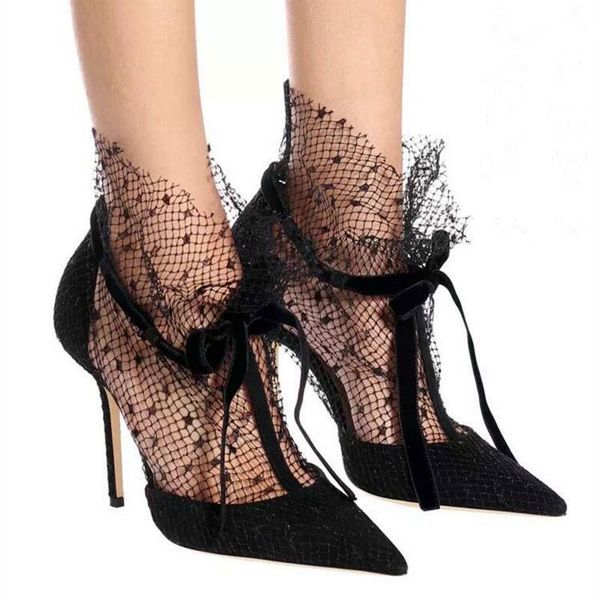 

new black mesh pumps women butterfly-knot stiletto high heels pointed toe party wedding shoes women fashion femmes chaussures