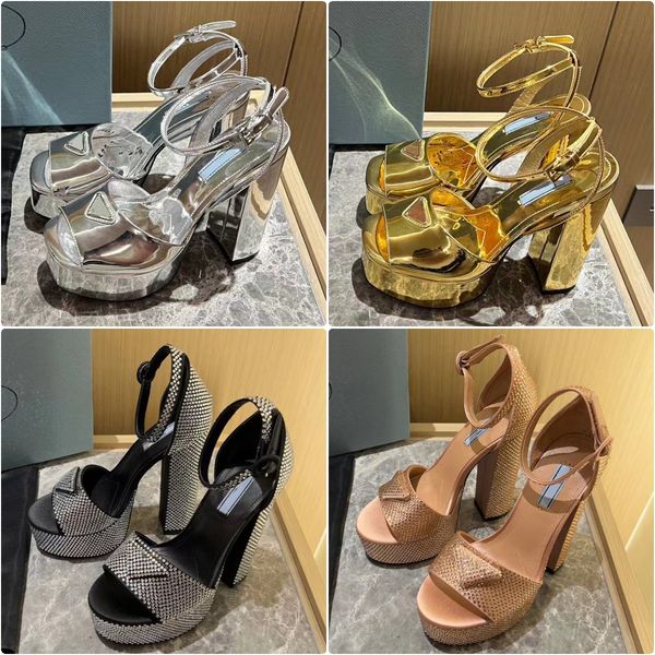 

women new spring summer satin platform crystals sandals designer fashion platform sandals luxury heel 14cm high-heeled satin sandals size 35, Black