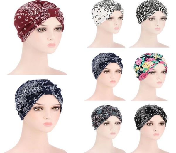 

trendy print lady turban bonnet soft stretch flowers india wrap head scarf inner hijabs for women muslim headdress hijab caps7917395, Blue;gray