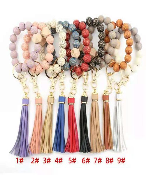

whole leopard spotted wood bead bracelet keychain pu leather tassel pendant chain multicolor optional crossborder4620453, Silver