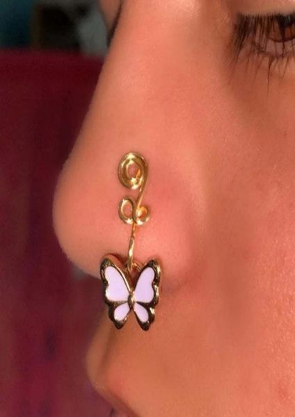 

2021 goth butterfly copper wire spiral fake piercing nose cuff clip ring punk gold color nose ring ear clip cuff body jewelry5006378, Silver