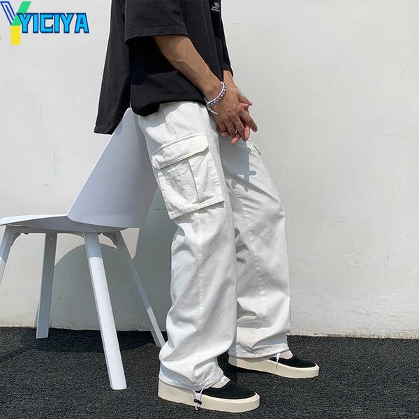 

yiciya men's pants bla/white casual pants men's fashion loose straight wide leg pants men streetwear hip-hop poet cargo pants mens, Black