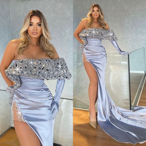 

off shoulder blue evening dresses sequins shoulder formal mermaid party prom dress pleats thigh slit dresses for special occasion, Black;red