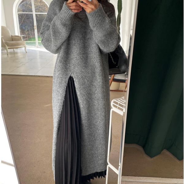 

dresses korean elegant split autumn knitted sweater dress women oneck vintage midi dress loose party dresses solid color straight m520, Black;gray