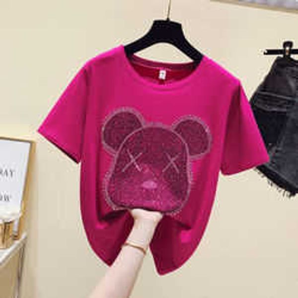 

sleeved women's short tshirt new summer tshirt fashion casual tee rhinestone loose ladies bottom shirt gr, White