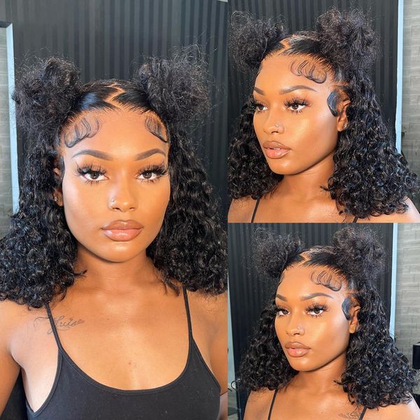 

short curly human hair bob wig water lace front human hair wigs for women pre plucked 13x4 lace front wig 4x4 lace closure wigs, Black;brown