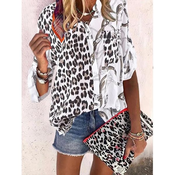 

shirts autumn loose leopard print women's shirts office large size blouses long sleeve v neck casual ladies campus cardigan blouse, White