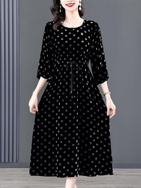 

dresses women new black polka dot veet long sleeve midi dress autumn winter thick warm elegant dress 2023 korean vintage hepburn dress, Black;gray
