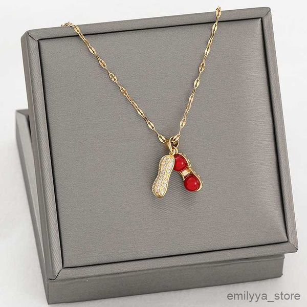 

pendant necklaces new chinese wind red pearl open peanut pendant women necklace style ladies stainless steel jewelry female chain, Silver