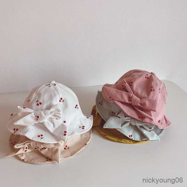 

hair accessories cute cherry printed baby bucket hat bow outdoor uv protection girl boys sun summer kids fisherman caps, Slivery;white