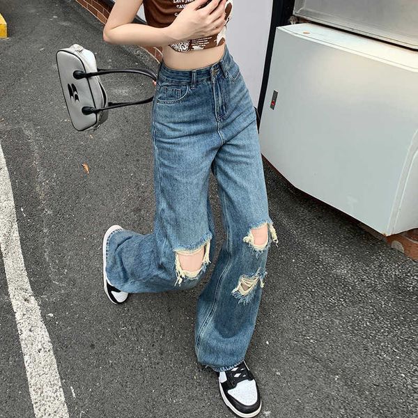 

style ripped jeans women's high street straight tube beggars new summer loose drape high waisted mop pants, Blue