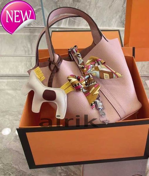 

vegetable basket bags picotin lock female genuine leather 2023 first layer cowhide handbag large capacity bucket bag brand tote luxur3gdh