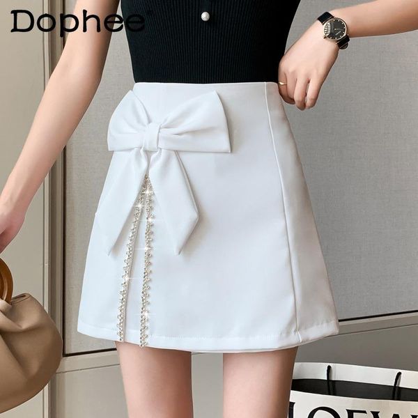 

dresses heavy rhinestones bow skirt for women 2022 new spring summer high waist hip mini skirt female beaded slit office ladies skirt, Black;gray